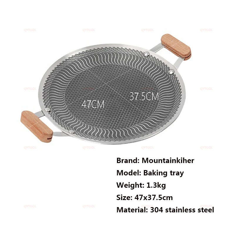 Mountainhiker Non-Stick Stainless Steel BBQ Skillet Camping Grill Tray Outdoor Picnic Kitchen Baking Frying Pan Wooden Handle