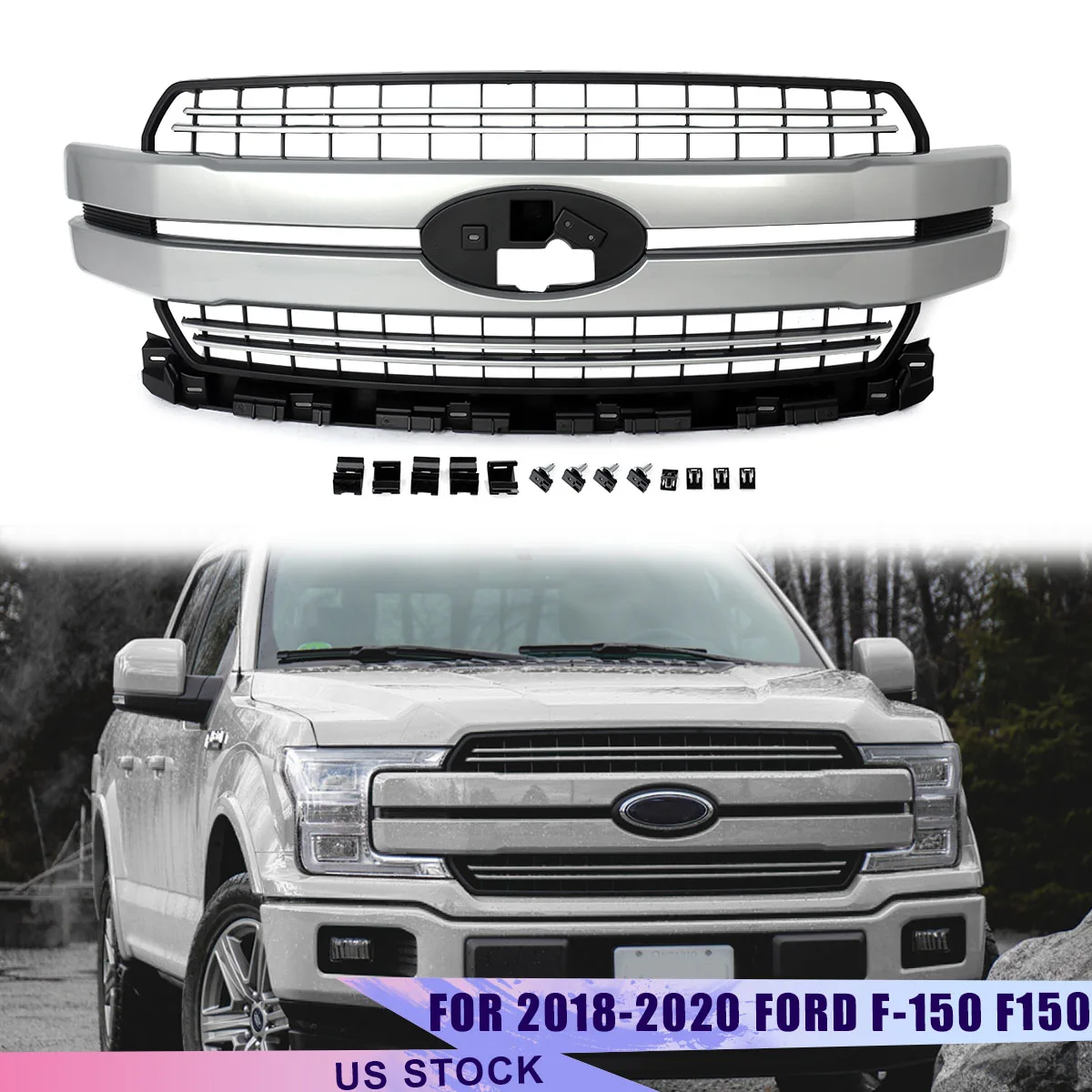 

Front Bumper Upper Grille Modified Grill for Ford F150 2018-2020 Lariat Iconic Silver Front Hood Grille Air Inlet Mesh Grills