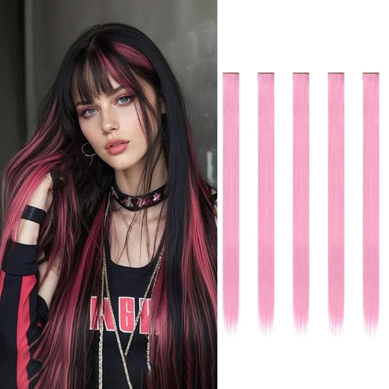 

5 Pcs Synthetic Pink hair extensions 22 Inch Straight colored hair colorful clip Highlight Party for Kids and Women Gift
