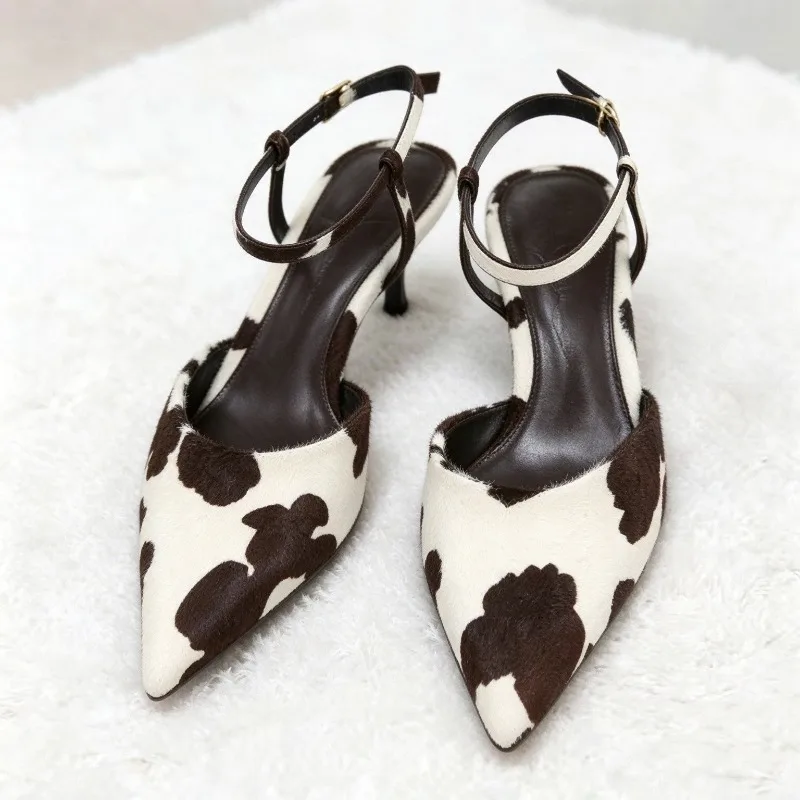 Unique Cow Pattern Pumps Women Sexy Pointed Toe Ankle Strap Buckle Kitten Heel Designer Shoes Cozy Elegant Banquet Dress Shoes