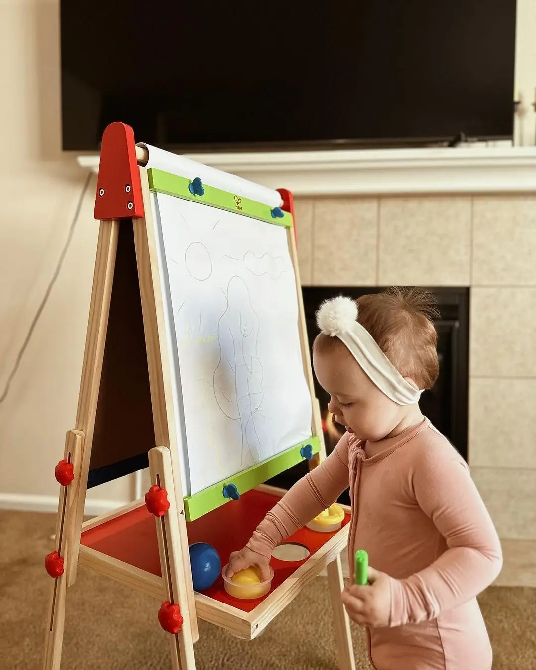 Adjustable Kids Drawing Easel with Chalkboard, Whiteboard & Paper Roll - Includes 3 Paint Pots