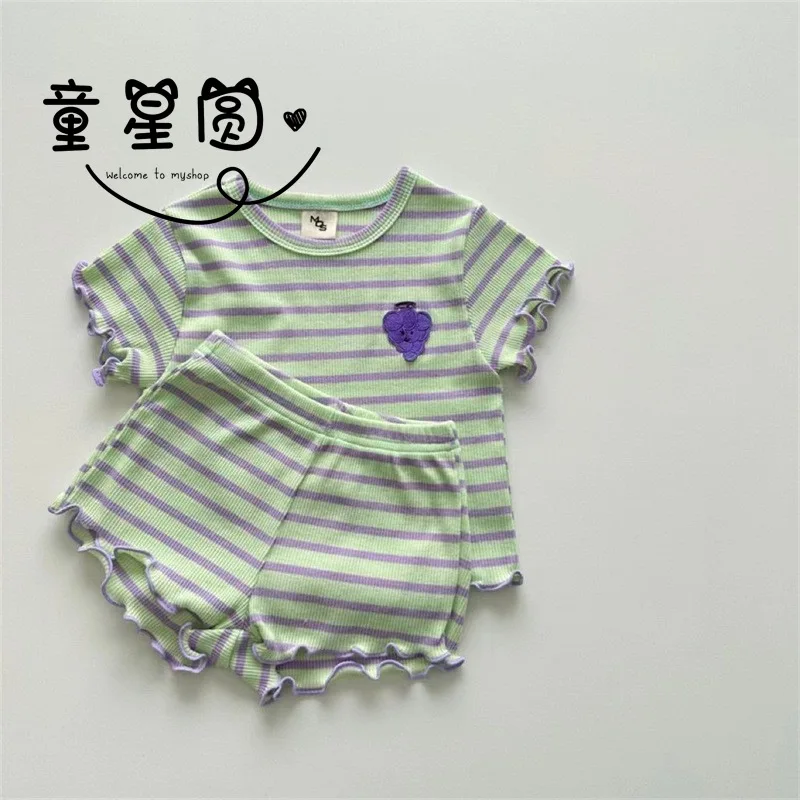 Infant Striped Suit Grape Fruit Walking Comfortable Versatile Two-Piece Set Girl's Clothing