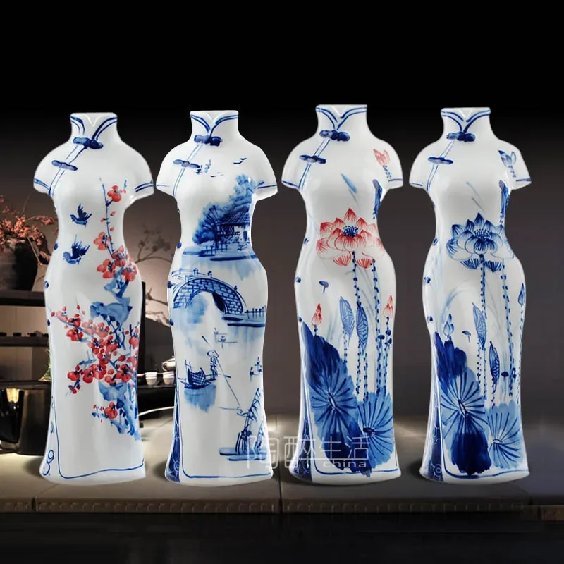for Jingdezhen Ceramics Hand Painted Blue and White Cheongsam Female Vase Creative Home Furnishing Crafts Ornaments National