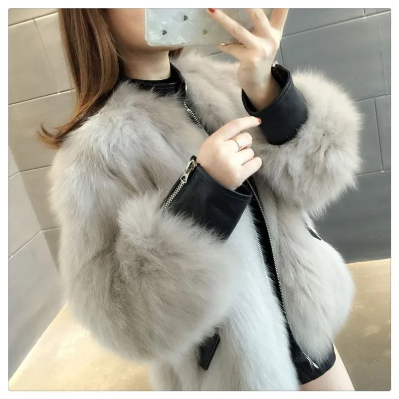 2023 New Faux Fox Skin Coat Women's Short PU Leather Standing Collar Long Sleeve Loose Winter Jacket Women's Fashion Coat