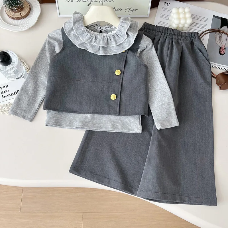 Girls Sets Spring Autumn Kids Set 3 Pieces Lace Collar Long Sleeve Blouse + Vest + Wide Leg Pants Outfit Childrens Clothes  123
