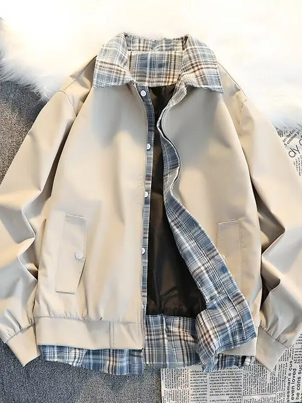 

Casual Plaid Loose Fit Jacket Spring Autumn New Style Patchwork Collar Zipper Closure Men's Fashion Outerwear for Couples