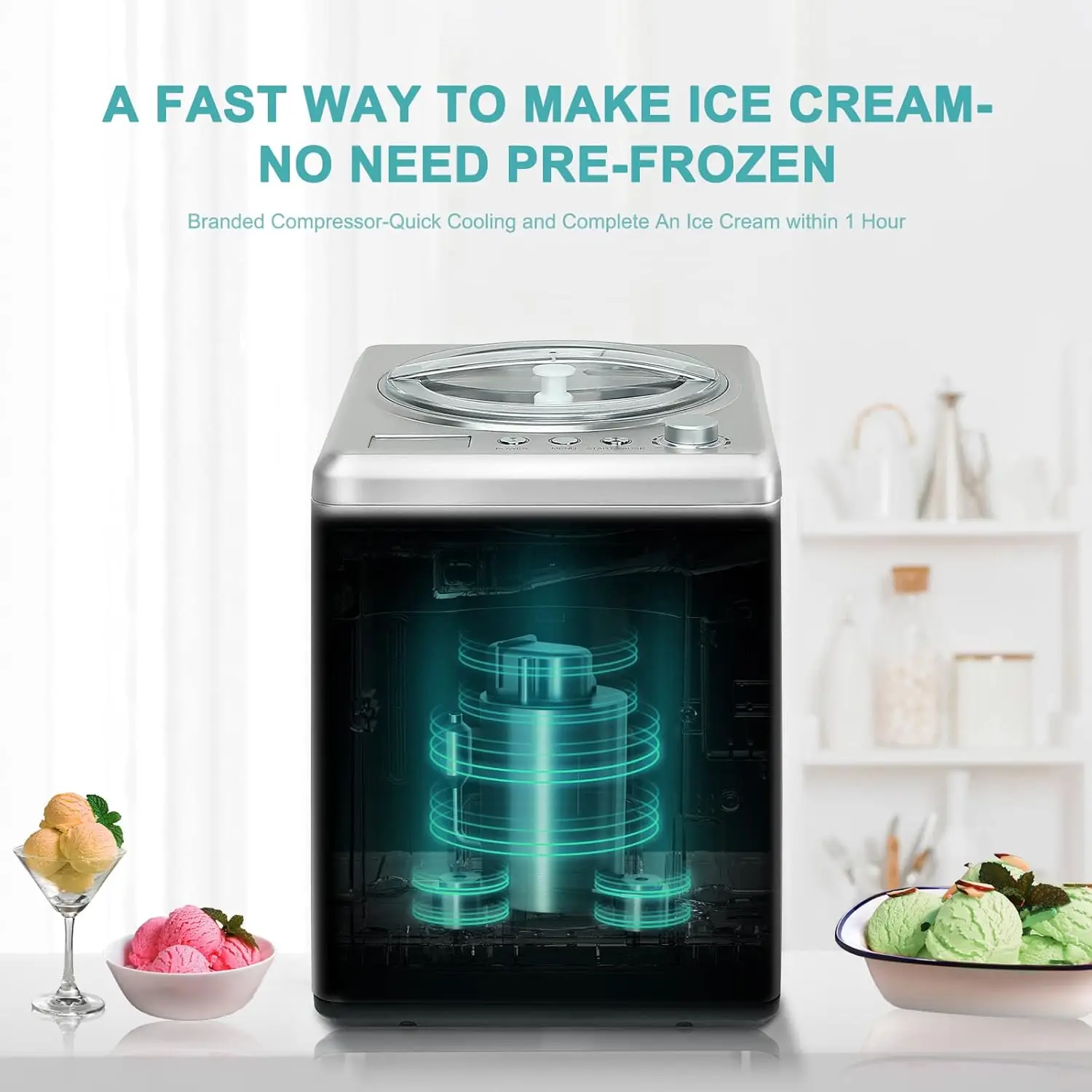 Ice Cream Maker 2.64 Quart for Making Homemade Soft Ice Cream,Gelato,Sorbet within 60 min,Keep Cooling for 2H,No pre-Freezing