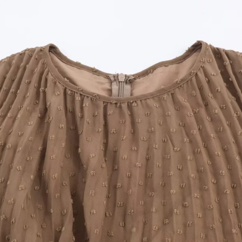 Damska wiosenna sukienka plisowana z marszczeniem w talii, wycięciem, okrągłym dekoltem, elegancka sukienka midi w kwiatowy wzór.