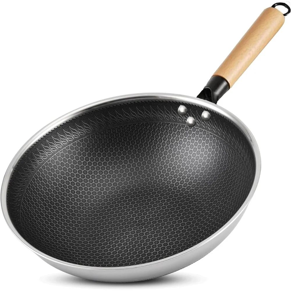 

13.4 inch Non Stick Frying Wok Stainless Steel Stir-fry Wok Honeycomb Concave Wok Works on Concave