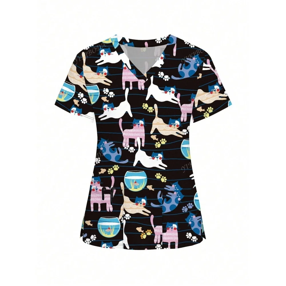 花 3D プリントナース制服花 V ネックポケット看護スクラブトップス女性作業服服オーバーオール医療制服レディース