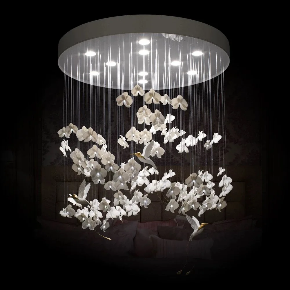 Luxury Designer Flower Ceiling Chandelier White Ceramic Flower Bird Chandelier Lightings For Home Villa Hotel Restaurant