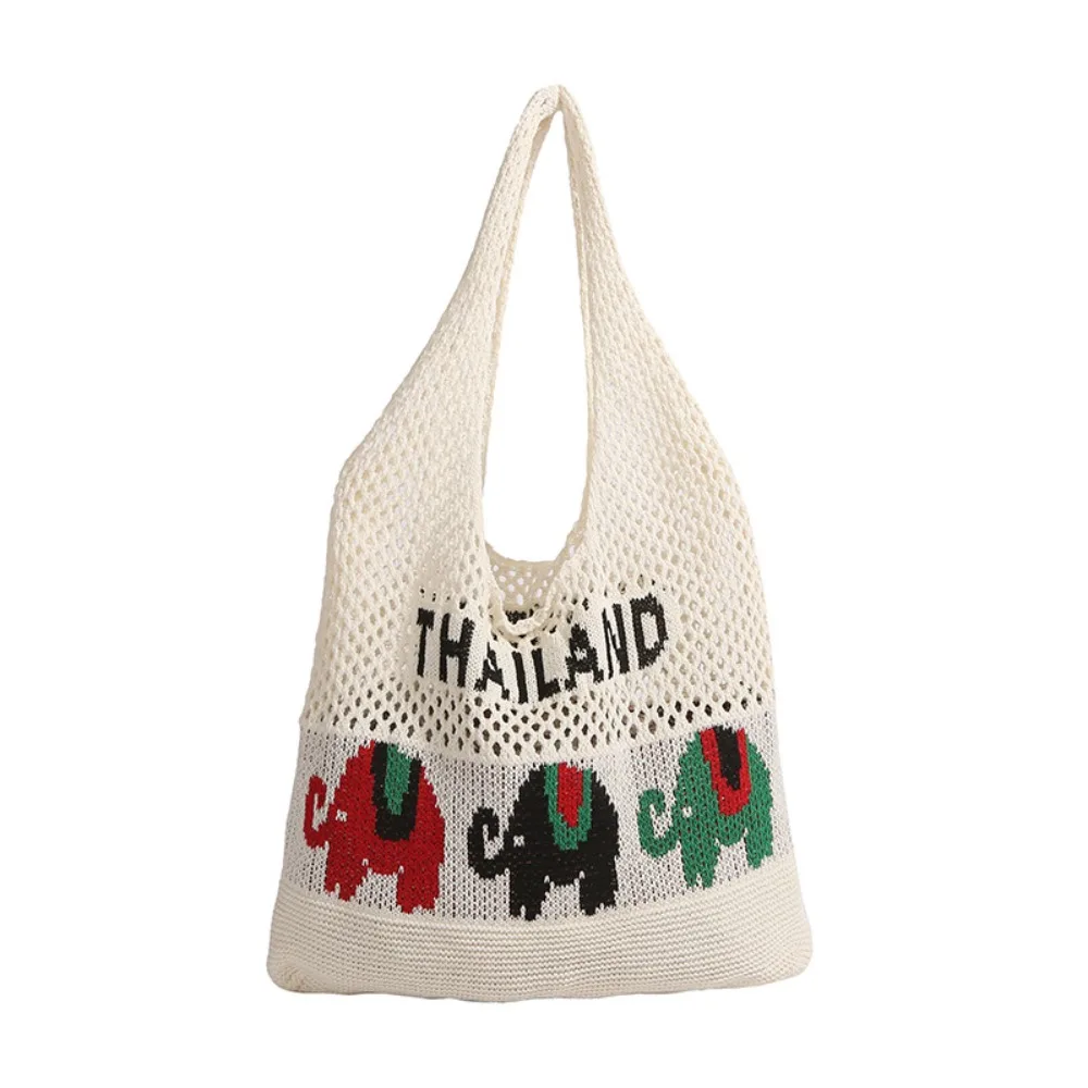 

Casual Summer Cotten Crochet Shoulder Bag Elephant Large Capacity Hollow Out Weave Bag Simple Handbag Beach Handbag Women