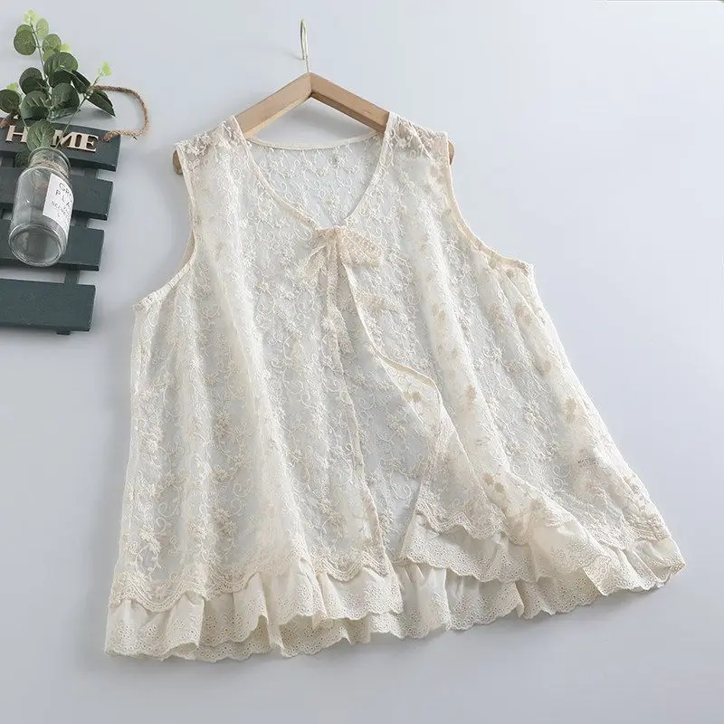 Mori Girl Sleeveless Lace Vest Women V Neck Lace Up Floral Embroidery Ruffled Hem Loose Casual Layer Blouse Summer See Through W