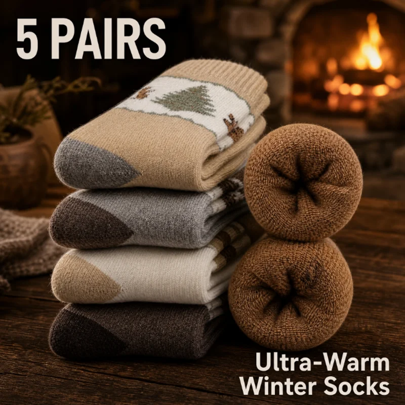 5Pairs Vintage Forest Thermal Crew Socks Women Thick Warm Terry Heather Mid Calf Sock Earth Tones Outdoor Camp Casual Hosiery
