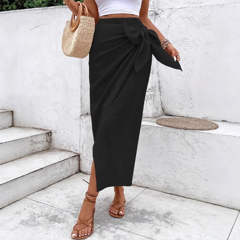 여성 캐주얼 불규칙 디자인 리본 타이 솔리드 컬러 하이웨이스트 스커트