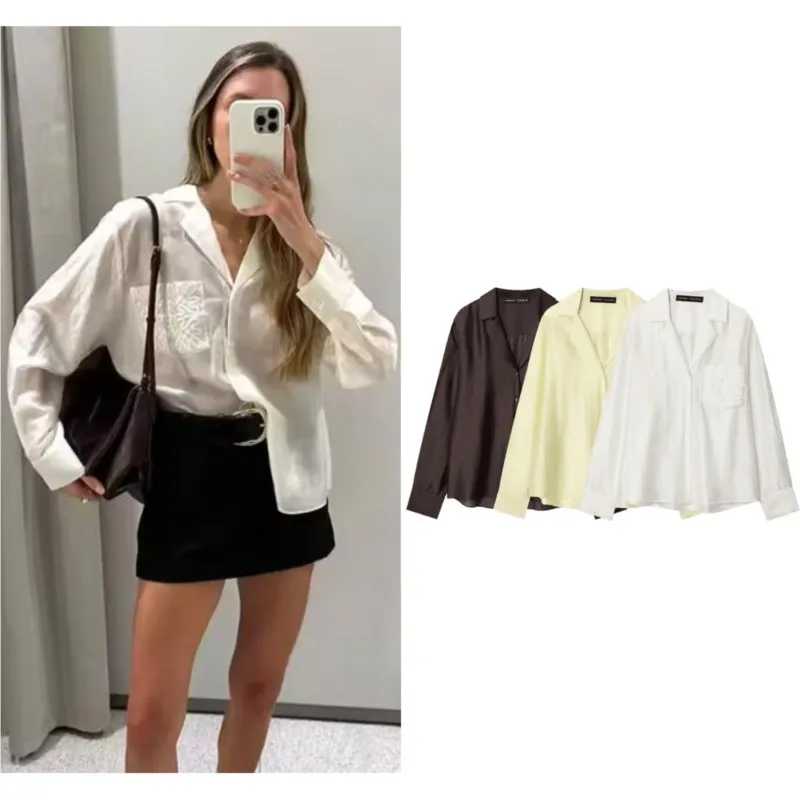 

Женские рубашки, весенне-осенняя модная свободная рубашка с вышитыми карманами и длинными рукавами, элегантная офисная удобная шикарная женская рубашка, топ