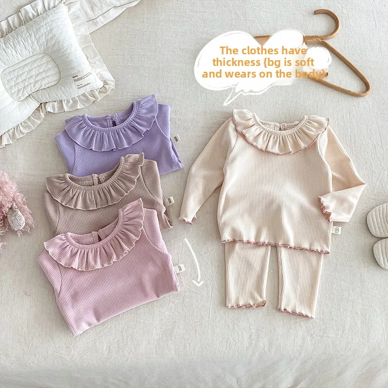 

Children's Solid Color Home Clothes 2025 New Winter Baby Set, Girls' Lotus Leaf Collar Sleepwear Two Piece Set