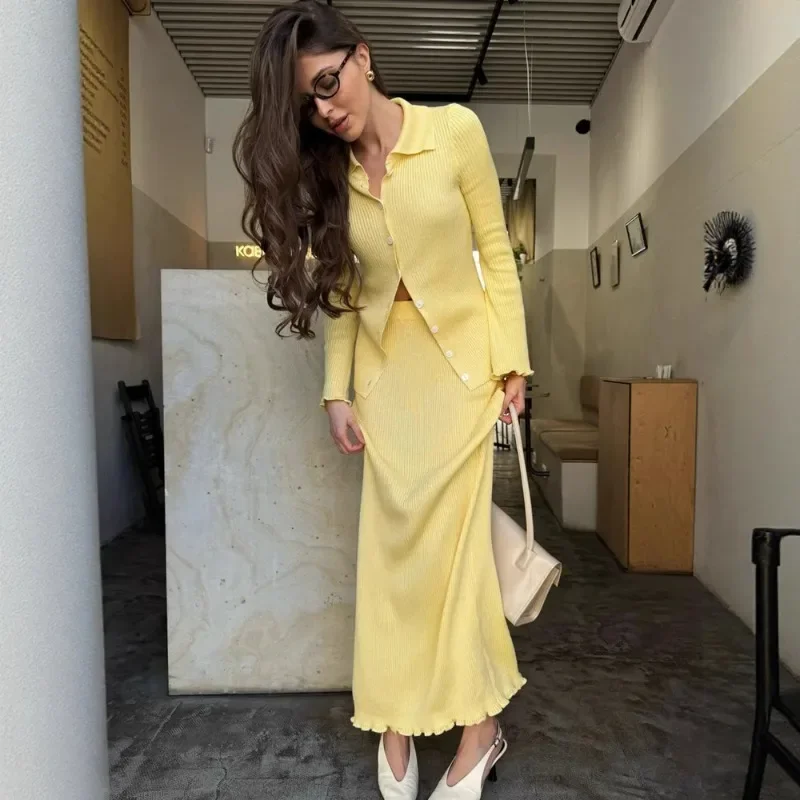 Laxsesu manga longa malha cardigan saia superior 2 peças conjunto feminino outono inverno babados moda camisola superior e saia longa conjunto