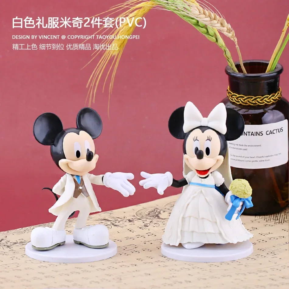 11cm Disney Mickey Mouse Minnie Marry Wedding Dress Couple Action Figure Modle Toy White Dress Cake Decoration Wedding Model Toy