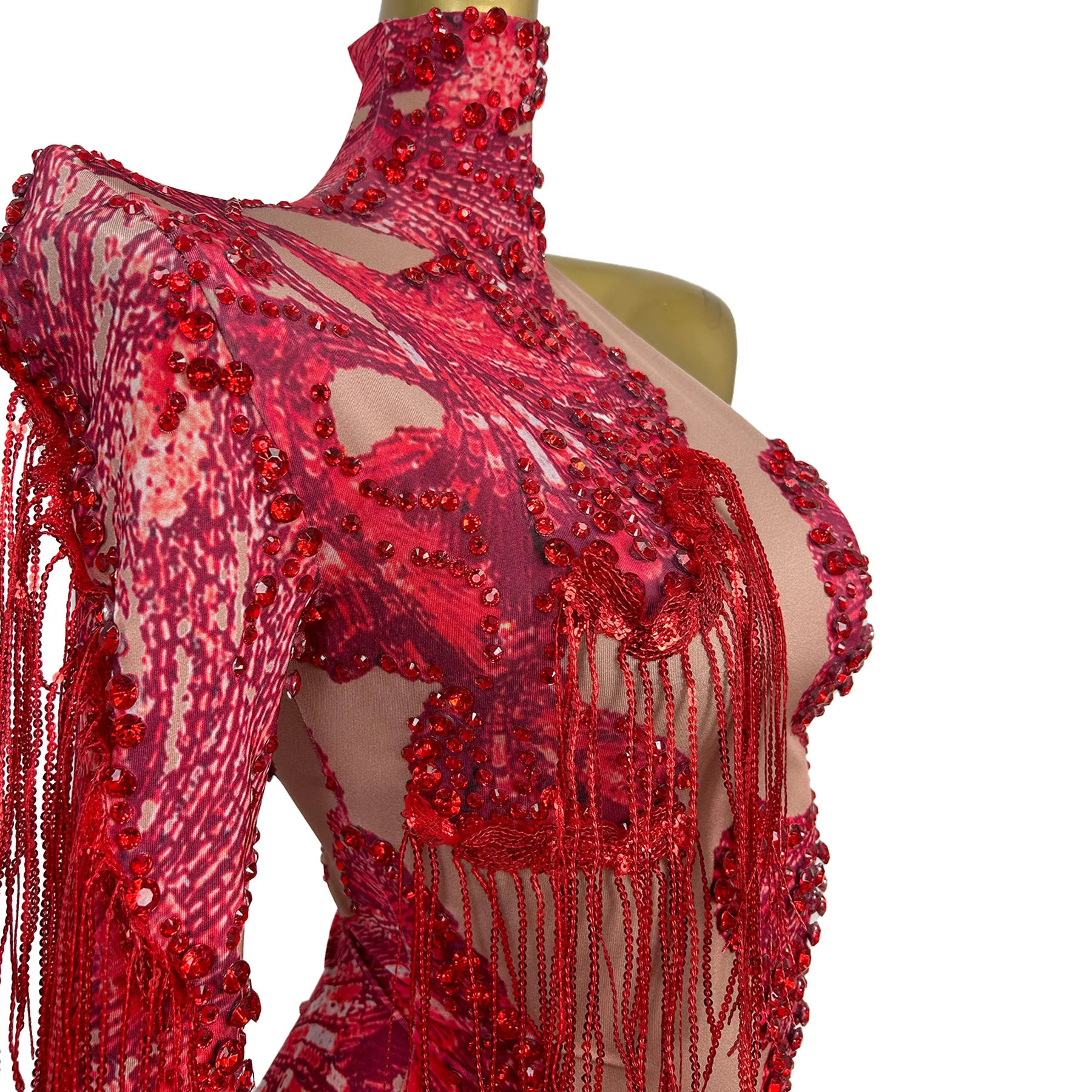 Duxiu One Sleeved Women Jumpsuit Red Rhinestone Fringe Skirt Bar Celebrity Performance Costume Latin Dance Pole Dance Skirt