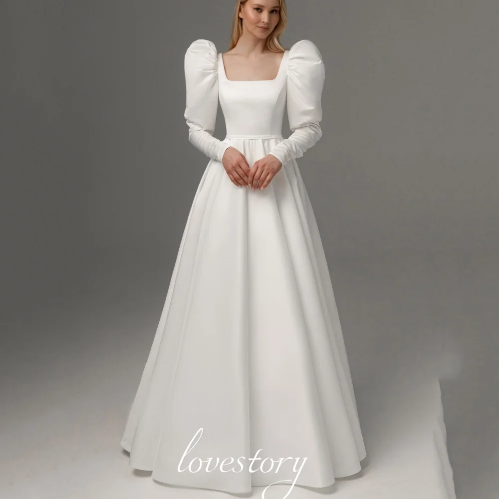 

New Puff Sleeve Wedding Dresses Satin Elegant A Line Bridal Dress Square Collar V Neck Floor Length Bridal Gowns Custom Vestidos
