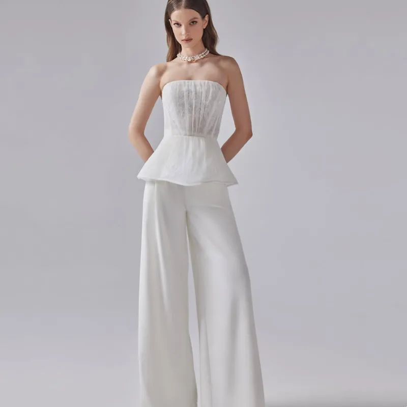 Simple White Wedding Dresses 2 Pieces Lace Strapless Sexy Backless Lace Up Sleeveless Bridal Gowns Vestidos 2026 Customized