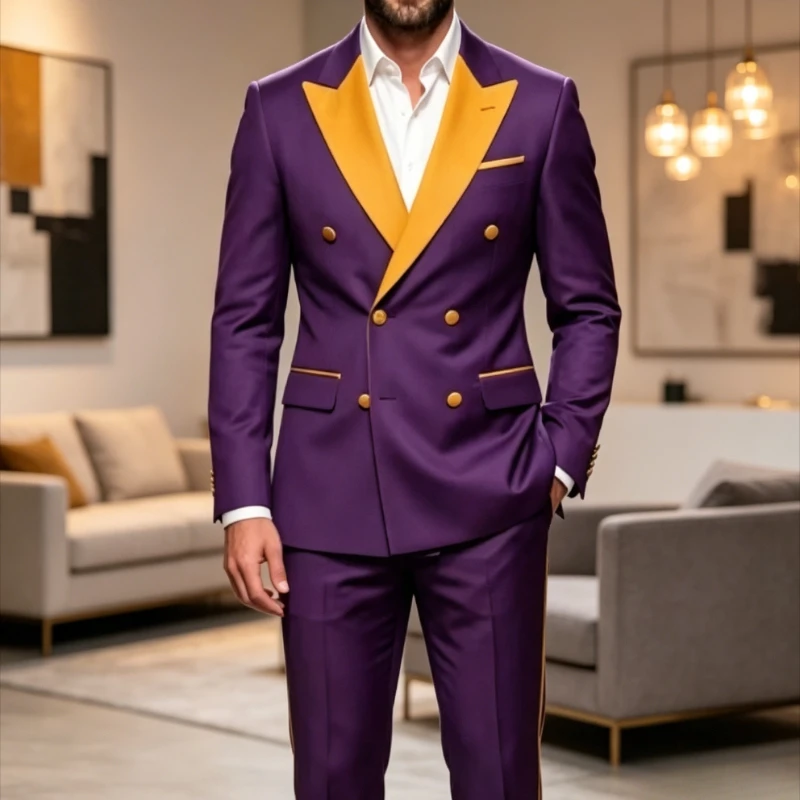 2 Piece Men Purple Double Breasted Suit Yellow Contrast Lapel Slim Fit Formal Wedding Prom Party Blazer Pants Sets