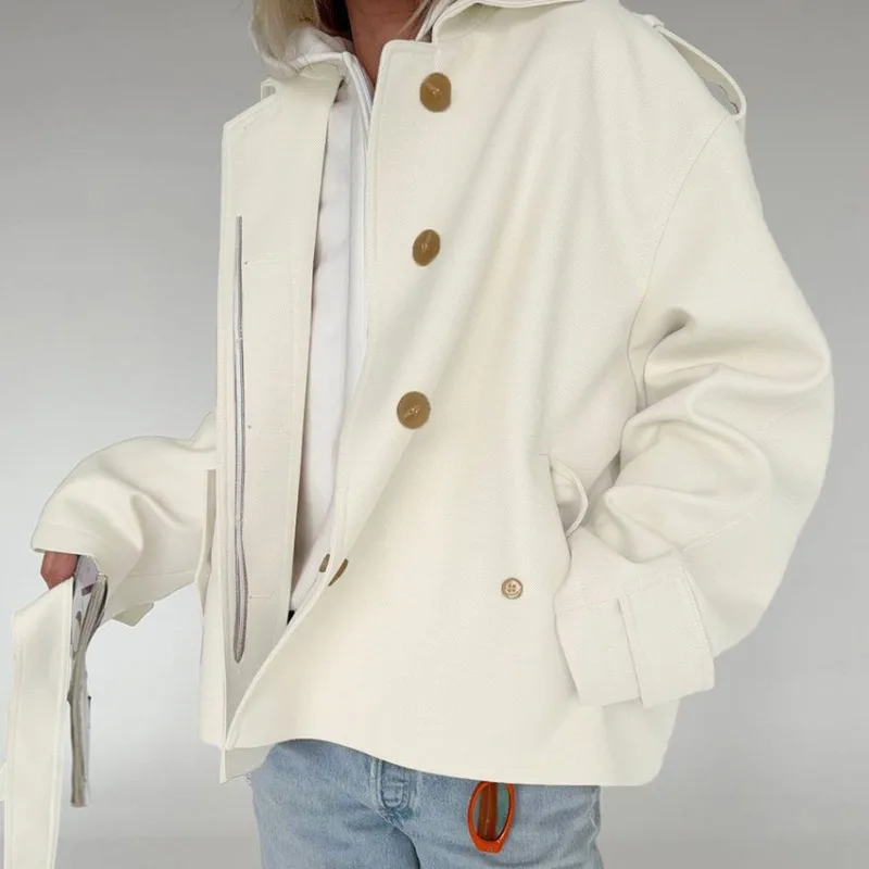 2025 ฤดูใบไม้ร่วง/ฤดูหนาวใหม่Lapel NubuckleแขนยาวCardigan Trench Coat Jacket Design Senseอารมณ์สบายๆ