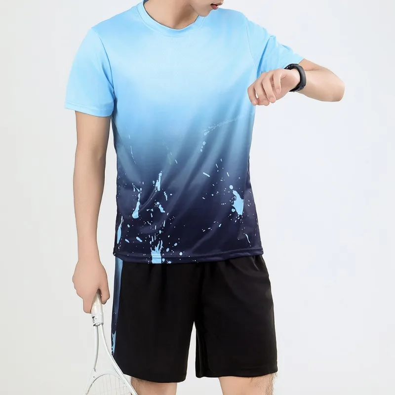 

Summer Gradient Sports Set Couple Quick Dry Badminton Outfits Crew Neck Breathable Short Sleeve Shorts Gym Training Jogging Suit