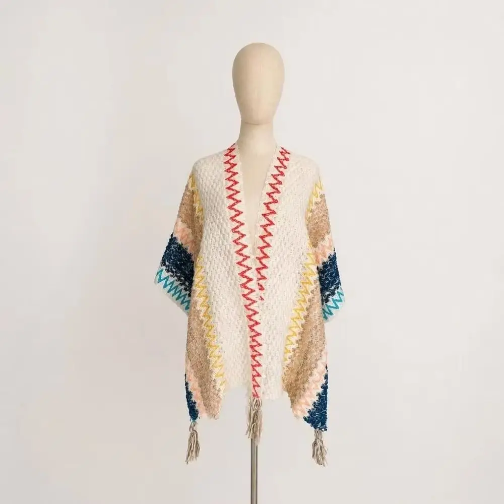 Simple Printing Ethnic Style Shawl Warm Neck Wrap Knitted Cape Bohemian Large Poncho Cape Girl