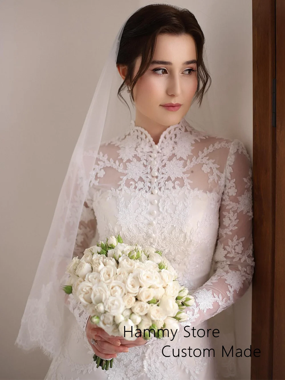 High Neck Saudi Arab Wedding Dress Customized Exquisite Applique Sweep Train A Line Bride Bridal Gown Vestido De Noiva