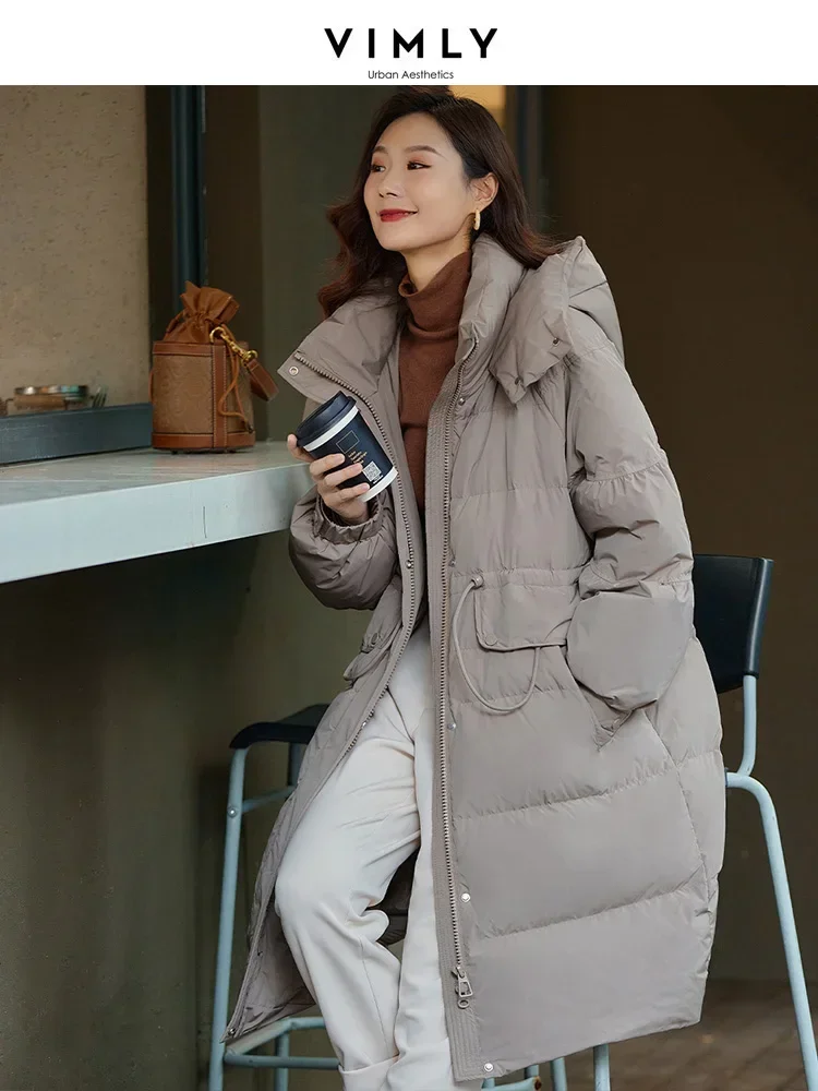 VIMLY Women\'s Commuter White Duck Down Jacket Thick Loose Outerwear Warm Lapel Hooded Overcoat Urban Casual  Long Parka Coat