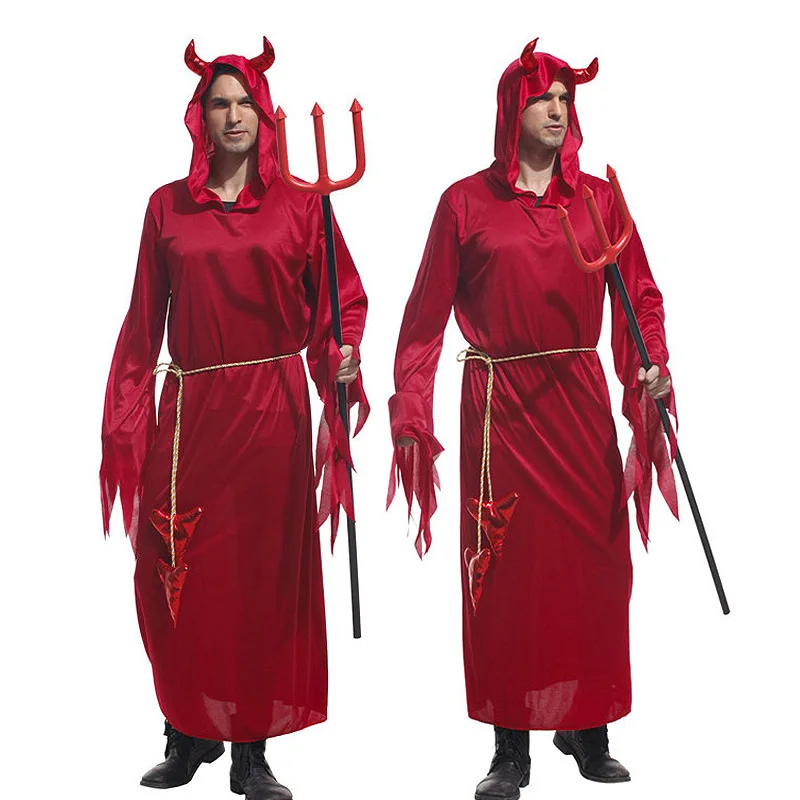 

Halloween Costume Red Devil Demon Grim Reaper Death Gothic Hood Robe Dress Horror Satan Outfit Carnival for Men Women Adult