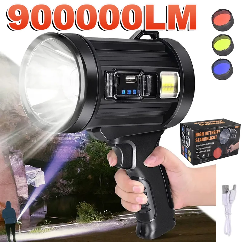 

Перезаряжаемый светодиодный прожектор 900000LM, водонепроницаемый ручной большой фонарик, самый мощный уличный солнечный прожектор, прожектор