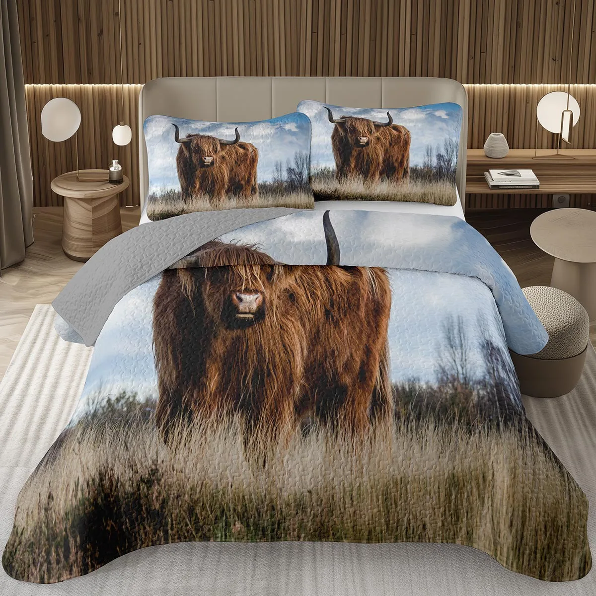 

Highland Cow Bedspread Twin/King Farm Animal Bull Cattle Coverlet Rustic Country Style Quilted Bedding Set Reversible Bedspreads