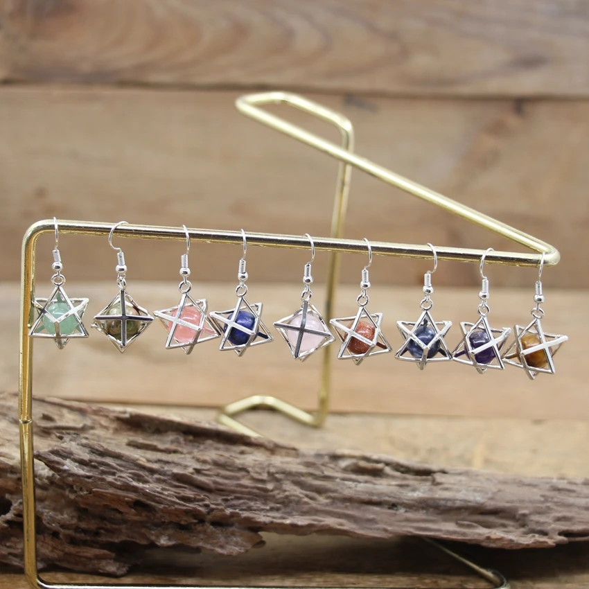 

Natural Stone Merkabah Star Earrings Healing Crystal Quartz Lapis Hexagram Dangle Hook Eardrop Reiki Jewelry Women Gift QC7037