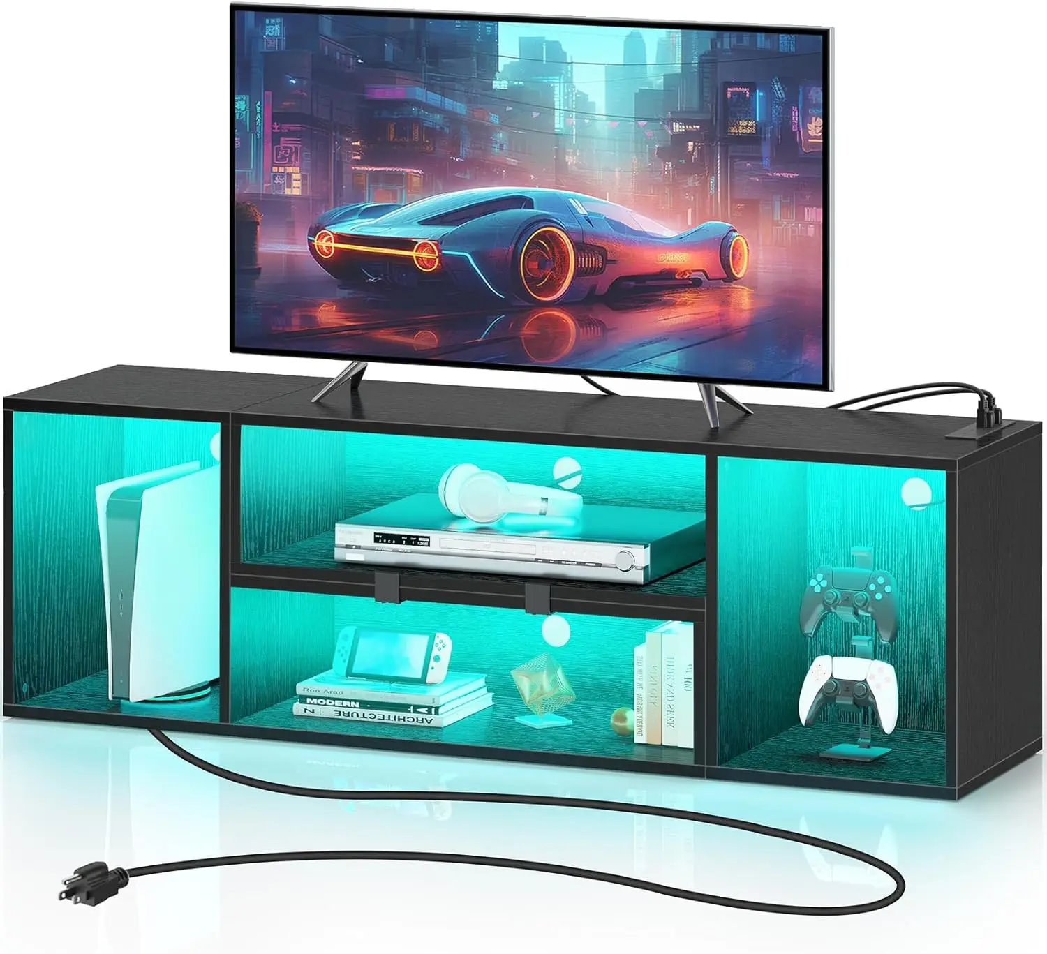 Deformable TV Stand with LED Strip & Power Outlets, Modern Entertainment Center, Gaming Media 2 Pieces Console Cabinet, Black