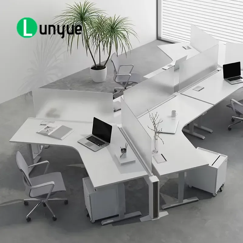 Y Shaped Electric Standing Desk and Chair Set for 3-10 People Office Staff Workstation with Baffle Adjustable Height Frame