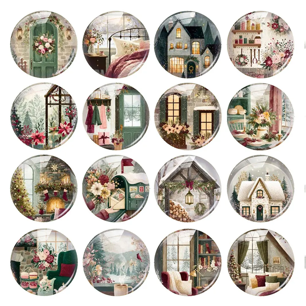 Random Mixed Round/Oval/Square Christmas Winter Snow Flower Photo Glass Cabochon Flatback Demo Cameo For Diy Jewelry Making