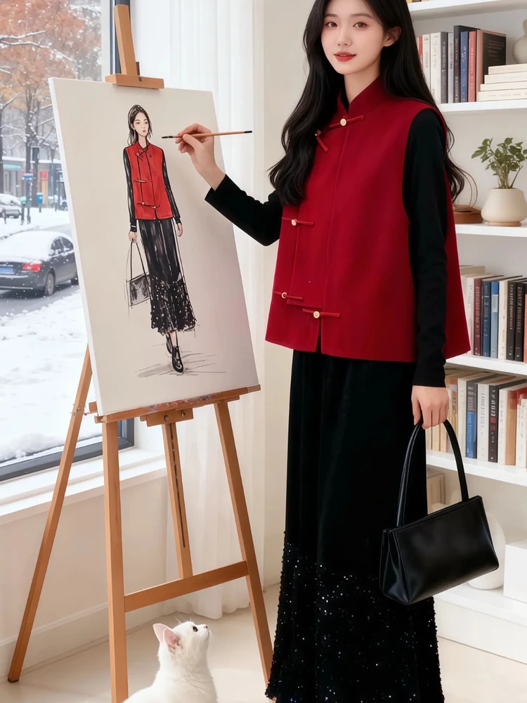 レッドシリーズ-レディース-2026-秋冬新作-中華風-高級ベストスカートセット-ゆったりフィット-ロング丈-スタンドカラー-伝統