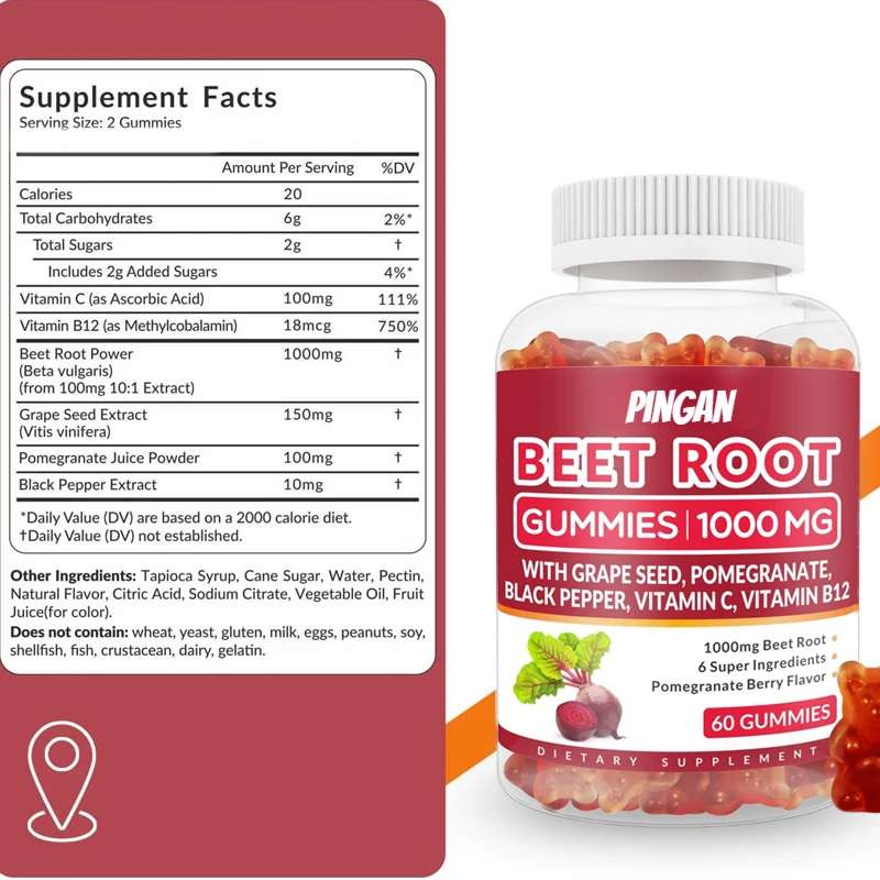 

60 Pieces of Beetroot Gummies, 1000mg, Containing Grape Seeds, Pomegranate, Black Pepper, Vitamin C, and B12