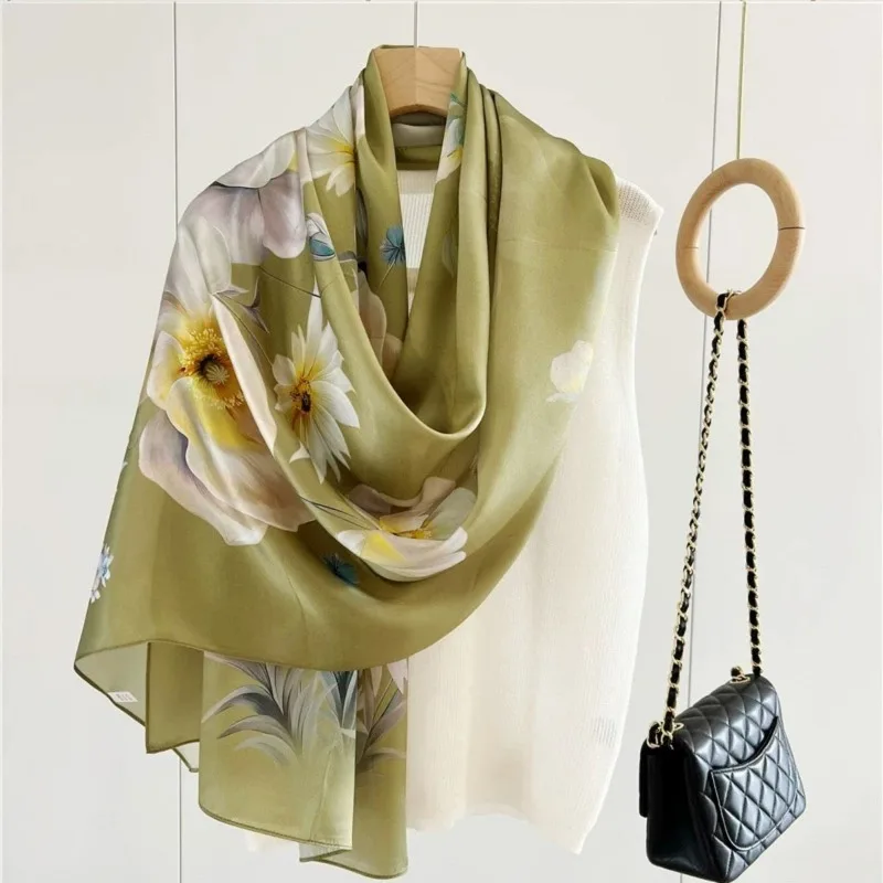 

100% Mulberry Silk Long Scarf for Women Large Oblong Shawls for Headscarf Neck- Oblong Hair Wraps Gift Packed Green Floral Print