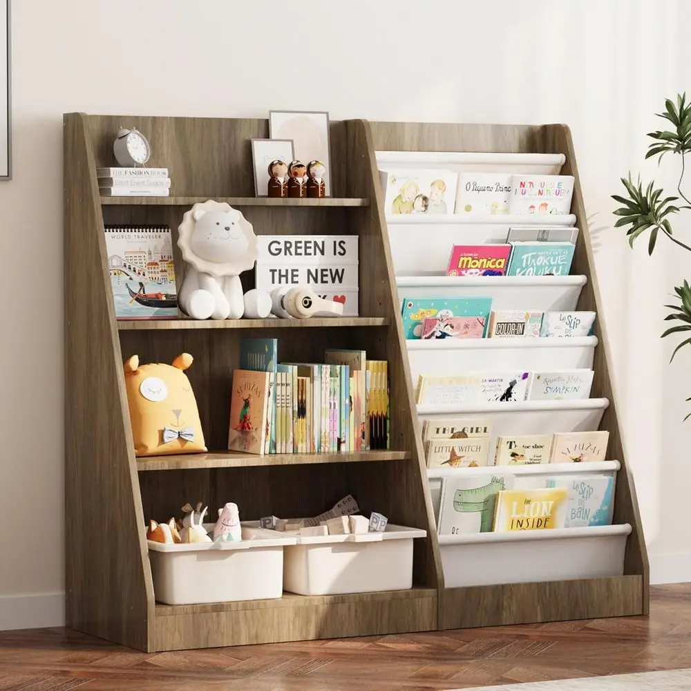 

Children's Wooden Bookshelf Storage Cabinet, Adjustable Toddler Book Rack for Playroom, Bedroom, Nursery, and School