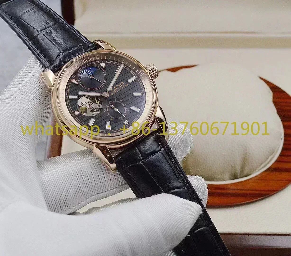 Reloj mecánico automático para hombre, pulsera Tourbillion MoonPhase de cuero negro, acero inoxidable, oro rosa, novedad de 2023