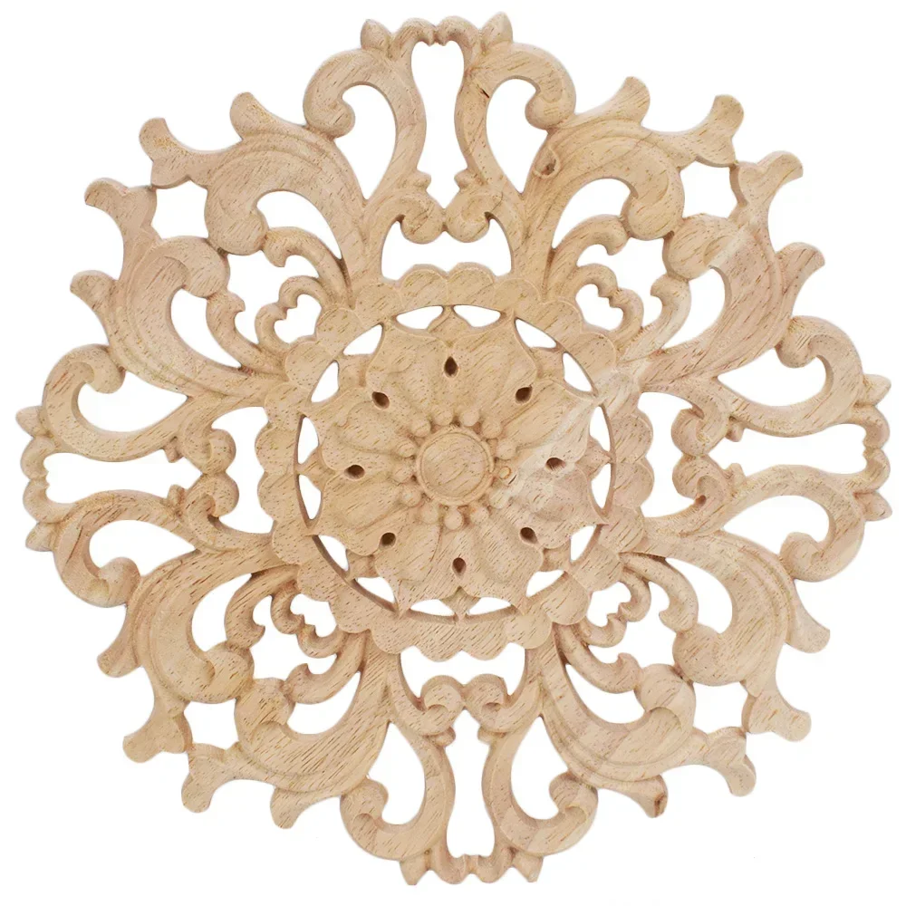 2PCS Woodcarving Furniture Wood Door Round Applique Flower Miniature Crafts Figurine Home Decoration Accessories for Living Room