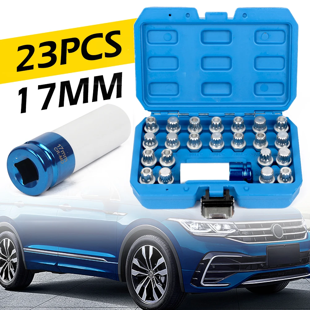 23Pcs Wheel Lock Nut Key Removal Kit Anti-theft Lug Nut Screw Tool Socket for VW Screw Socket Set Locking Key Removal Tool 17mm