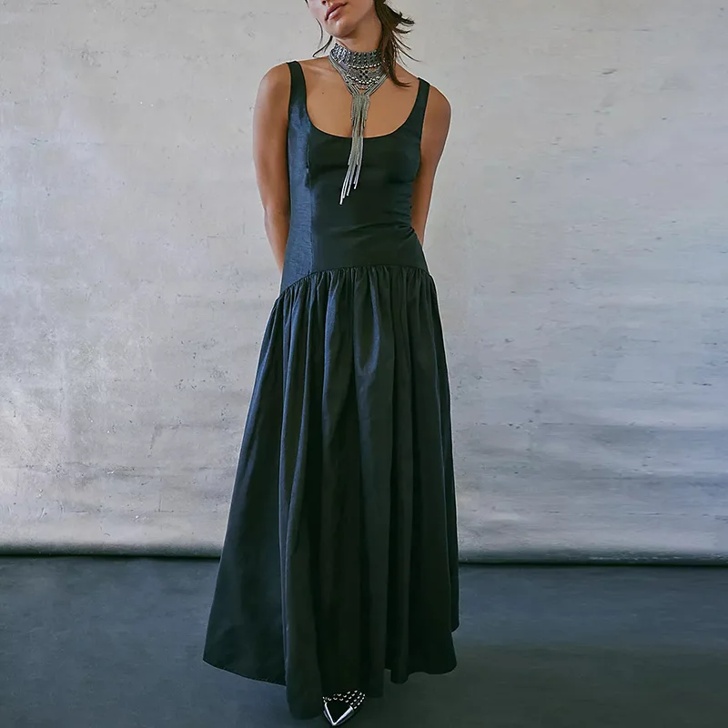 

Women 2025 Patchwork Folds High Street Dresses Elegant Solid Square Collar Long Dress New Spring Summer Solid Color Party Dress