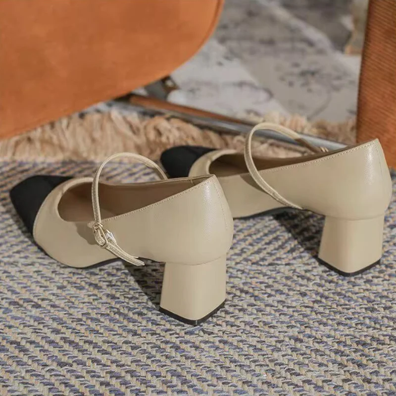 Women French Retro Color Block Mary Jane Pumps Square Toe Block Heel One Strap Buckle Shoes Elegant Commute Shallow High Heels