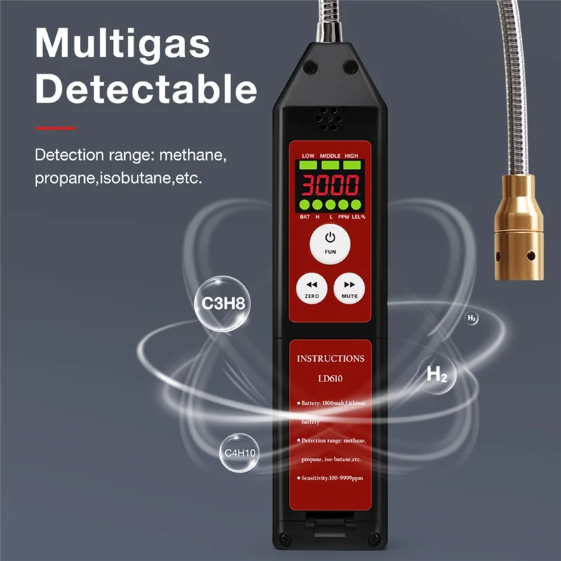 FFYY-LD610 كاشف تسرب الغاز القابل للاحتراق كاشف تسرب غاز الميثان القابل للاحتراق C4H10 H2 اختبار تسرب الغاز 100-9999Ppm اختبار الغاز