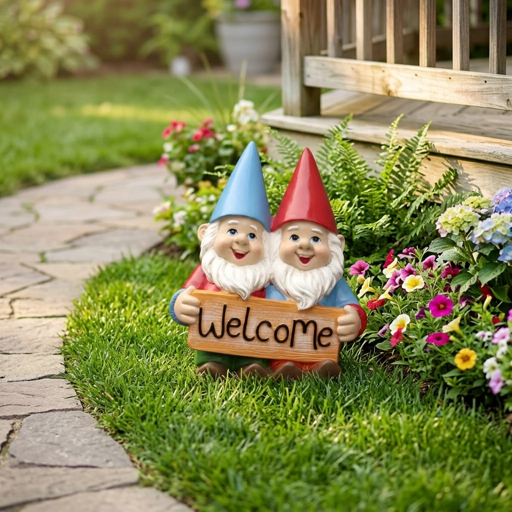 Resin Garden Gnome Statue Twin Dwarfs Figures Outdoor Yard Lawn Decoration Craft
